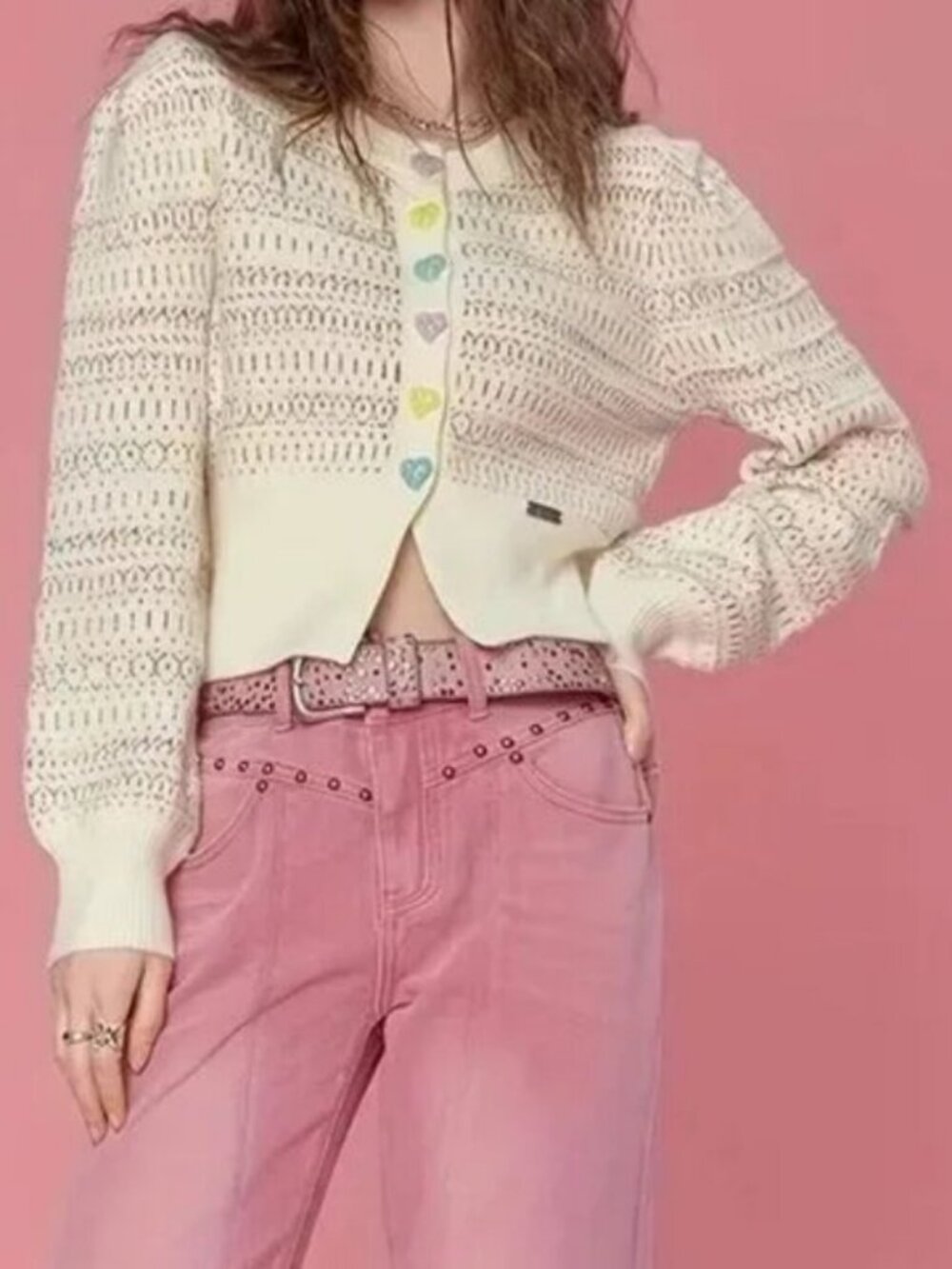 Cream Beige Love Heart Colorful Button Cardigan Sweater - Picture 4 of 5